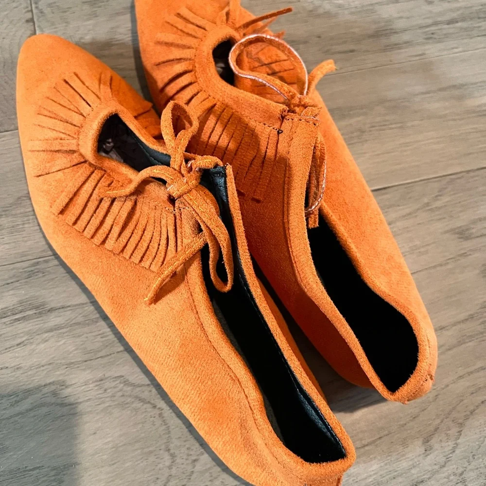 Fringed Faux Suede Orange Tie Front Flats Pointed Shoes - Picture 5 of 7